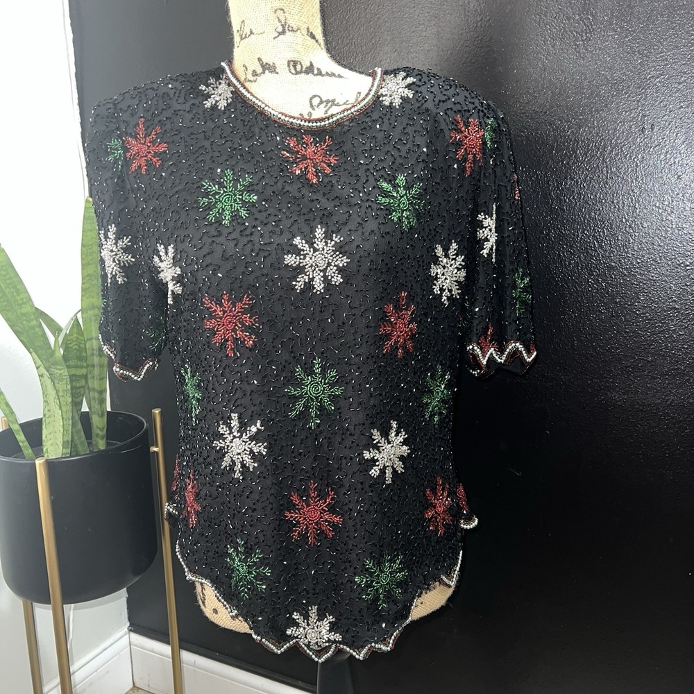 Laurence Kazar Vintage Silk Beaded‎ Snowflake Holiday Blouse Black XL Christmas
